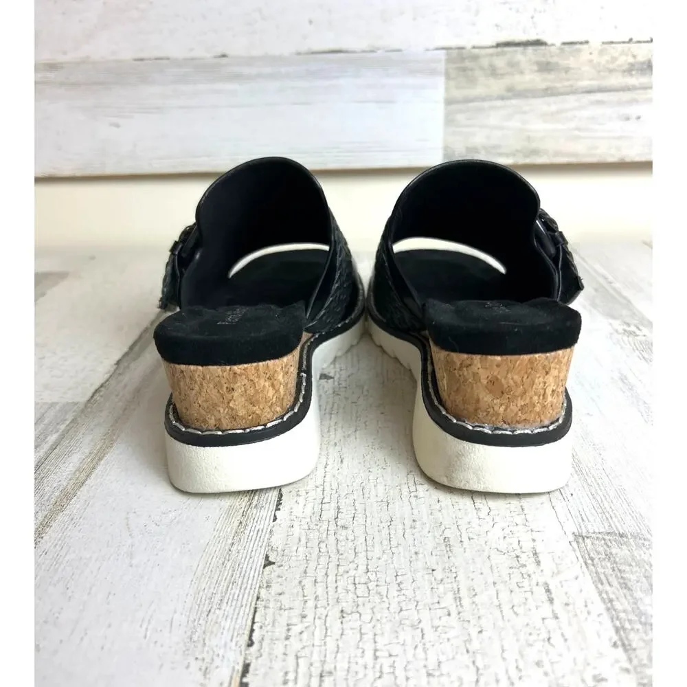 Pierre Dumas Womens 7 Black Leather Suede Buckle Platform Wedge Slip On Sandals